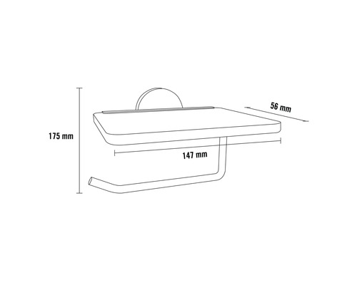 Technický nákres držiaka toaletného papiera s poličkou a rozmermi