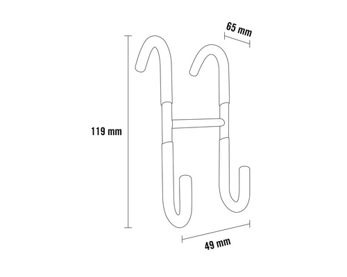 Obrázok rozmerov závesnej lišty na dvere: 119 mm vysoká, 65 mm široká a 49 mm hlboká.