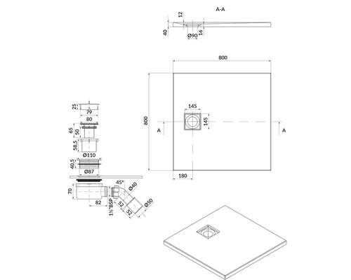 Technický nákres sprchovej vaničky s rozmermi