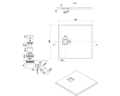 Technický nákres sprchovej vaničky s rozmermi a detailmi