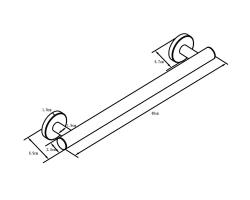 Nákres 40 centimetrov dlhej opornej tyče s rozmermi 1,0 centimetra, 1,9 centimetra, 2,5 centimetra, 5,7 centimetra a 6,9 centimetra.