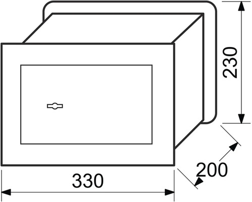 Technický nákres trezoru s rozmermi 330, 230 a 200 milimetrov