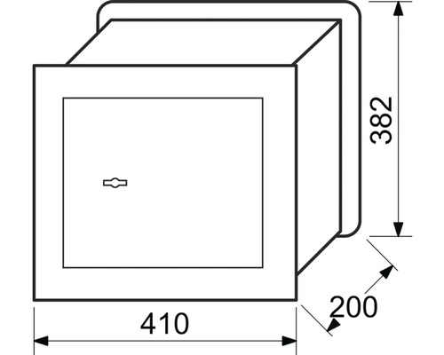 Technický nákres trezora s rozmermi 410 x 382 x 200 milimetrov.
