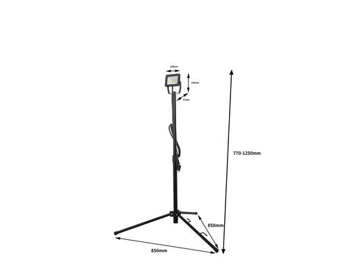LED stavebný reflektor na statíve s rozmermi 770 až 1250 milimetrov výšky a 850 milimetrov dĺžky pätky statívu