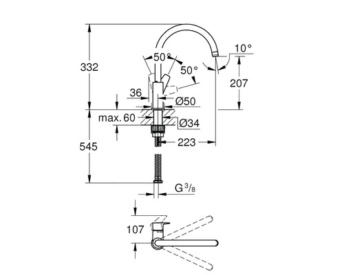 Technický nákres vodovodnej batérie s rozmermi.