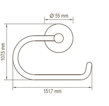 Rozmerový nákres držiaka toaletného papiera s rozmermi 107,5 mm výška, 151,7 mm šírka a 55 mm priemer rozety