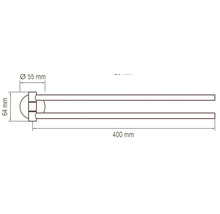 Technický nákres držiaka na uteráky s rozmermi 400 mm dĺžka, 55 mm priemer a 64 mm výška
