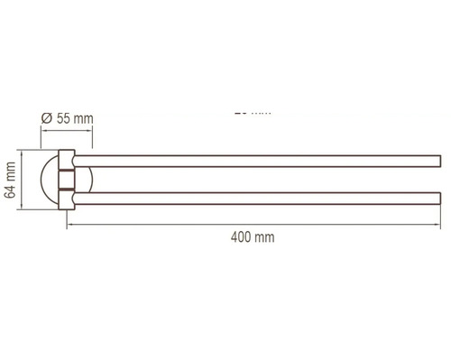 Technický nákres držiaka na uteráky s rozmermi 400 mm dĺžka, 55 mm priemer a 64 mm výška