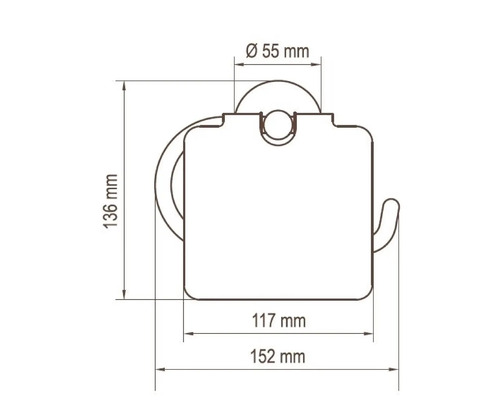 Rozmerový nákres držiaka toaletného papiera s rozmermi 136 mm výška, 152 mm šírka a 55 mm priemer