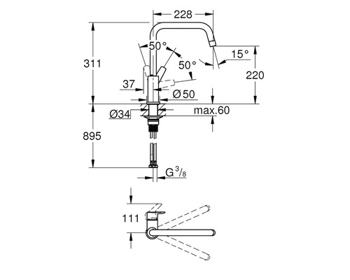 Technický nákres vodovodnej batérie s rozmermi