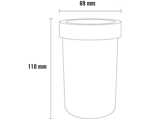 Nákres nádoby s rozmermi 110 mm výška a 69 mm priemer.