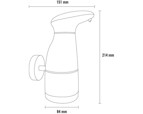 Technický nákres dávkovača mydla s rozmermi 151 mm šírka, 214 mm výška a 84 mm hĺbka.