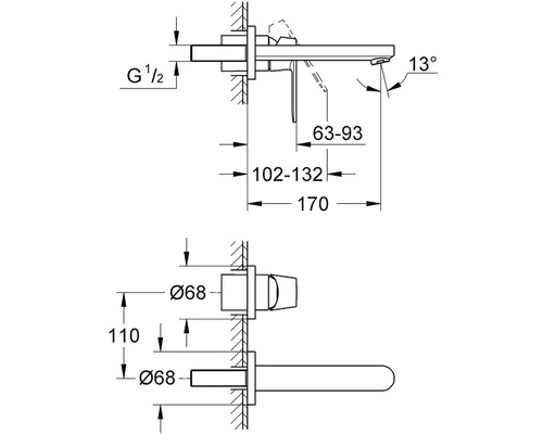 Technický nákres umývadlovej batérie na montáž na stenu s rozmermi