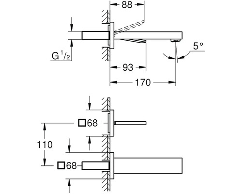 Technický nákres umývadlovej batérie s rozmermi.