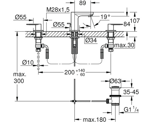 Rozmerový nákres umývadlovej batérie s príslušnými rozmermi