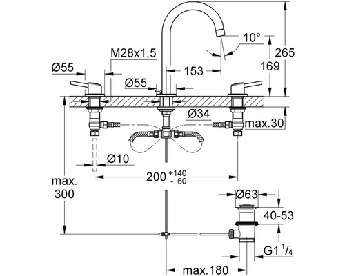 Technický nákres kuchynskej batérie s rozmermi
