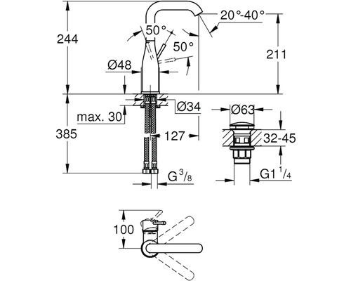 Technický nákres vodovodnej batérie s rozmermi