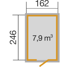 Pôdorys s rozmermi 162 x 246 a objemom 7,9 metrov kubických