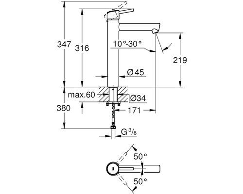 Technický nákres armatúry s rozmermi
