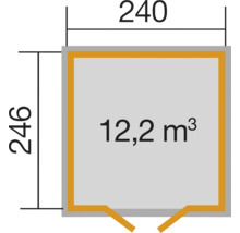 Nákres pôdorysu s rozmermi 240 krát 246 centimetrov a objemom 12,2 metrov kubických
