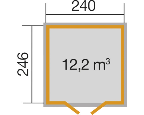 Nákres pôdorysu s rozmermi 240 krát 246 centimetrov a objemom 12,2 metrov kubických