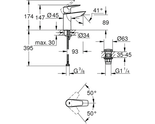 Technický nákres vodovodnej batérie s rozmermi