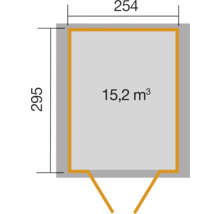 Pôdorys záhradného domčeka s rozmermi 254 x 295 centimetrov a objemom 15,2 metrov kubických