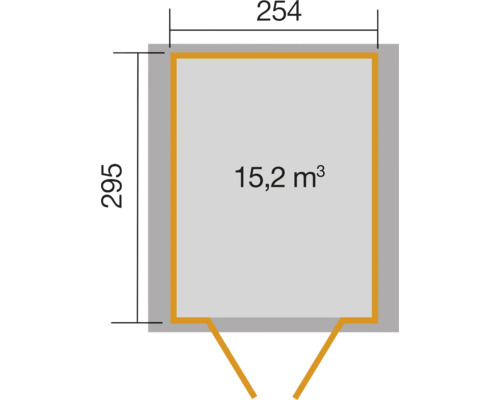 Pôdorys záhradného domčeka s rozmermi 254 x 295 centimetrov a objemom 15,2 metrov kubických