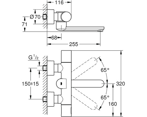 Technický nákres umývadlovej batérie s rozmermi
