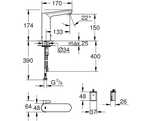 Technický nákres armatúry s rozmermi
