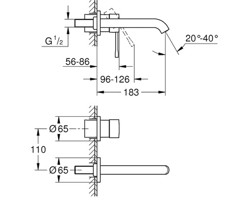 Technický nákres nástennej armatúry s rozmermi