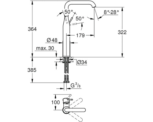 Technický nákres vodovodnej batérie s rozmermi
