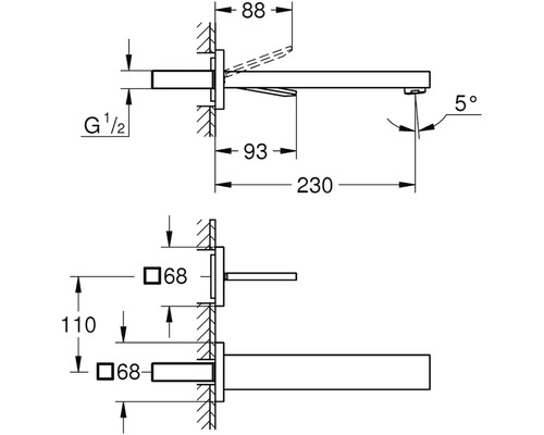 Technický nákres umývadlovej batérie s rozmermi pre inštaláciu