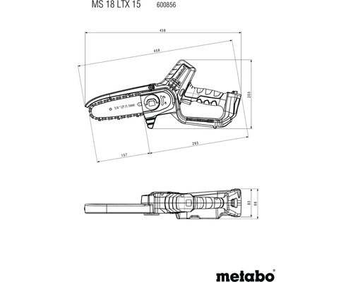 Rozmerový nákres akumulátorovej reťazovej píly Metabo MS 18 LTX 15 s rozmermi