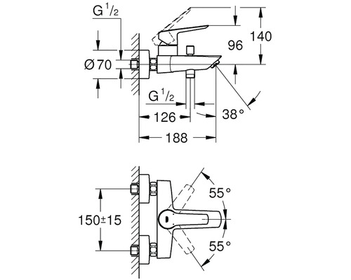 Rozmery kúpeľňovej batérie ako čiarový výkres