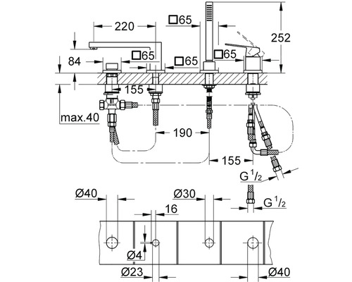 Technický nákres vaňovej batérie s rozmermi
