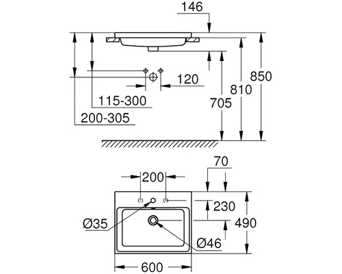 Technický nákres umývadla s rozmermi.