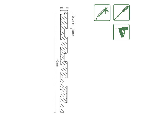 Technický výkres soklovej lišty s rozmermi 180 milimetrov dĺžka, 10 milimetrov hrúbka a 29,3 milimetrov šírka