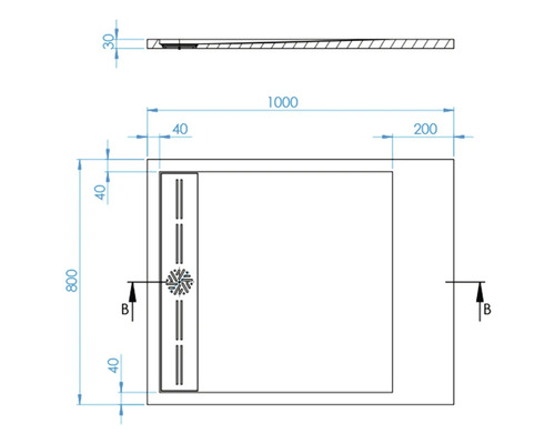Technický výkres sprchovej vaničky s rozmermi