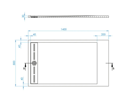 Technický nákres sprchovej vaničky s rozmermi