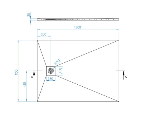 Technický nákres sprchovej vaničky s rozmermi