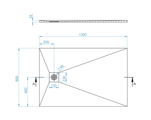 Technický nákres sprchovej vaničky s rozmermi