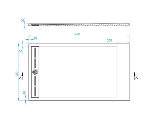 Technický nákres sprchovej vaničky s rozmermi.
