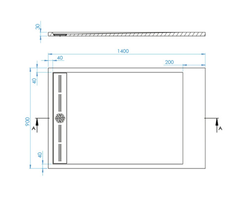 Technický výkres sprchovej vaničky s rozmermi