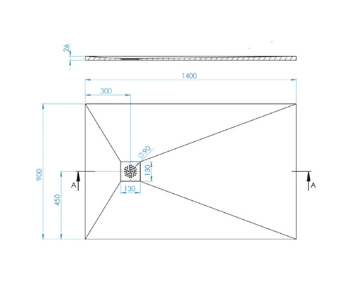 Technický nákres sprchovej vaničky s rozmermi