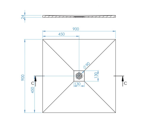 Technický nákres sprchovej vaničky s rozmermi 900 x 900 mm