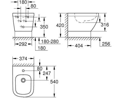 Technický nákres závesného bidetu s rozmermi
