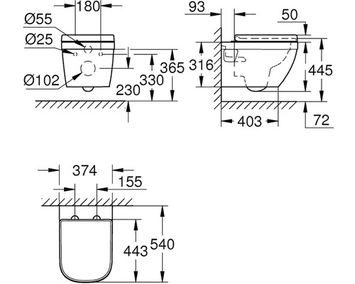 Technický nákres závesného WC s rozmermi