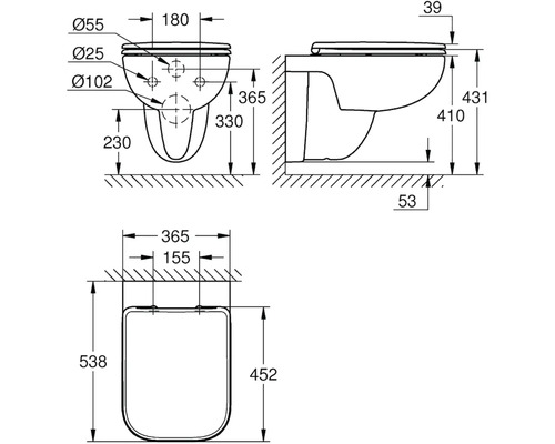 Technický nákres závesného WC s rozmermi