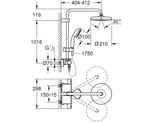 Technický nákres sprchovej batérie s rozmermi
